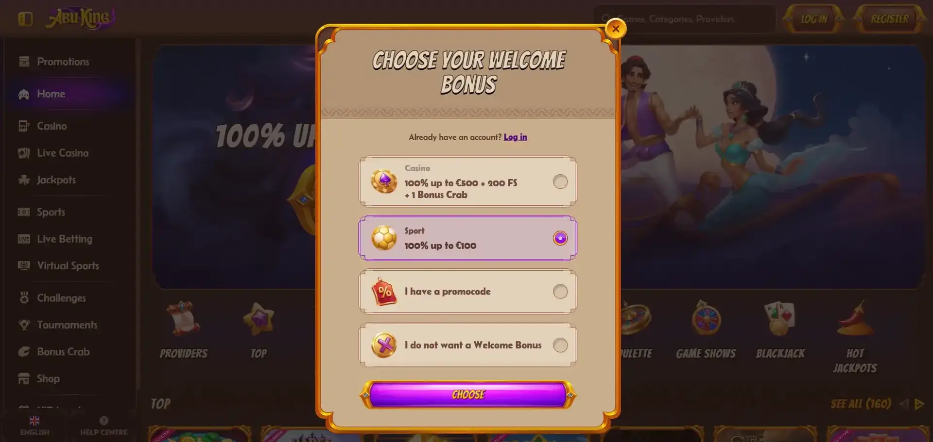 Bonuskeuze tijdens de registratie bij AbuKing Casino