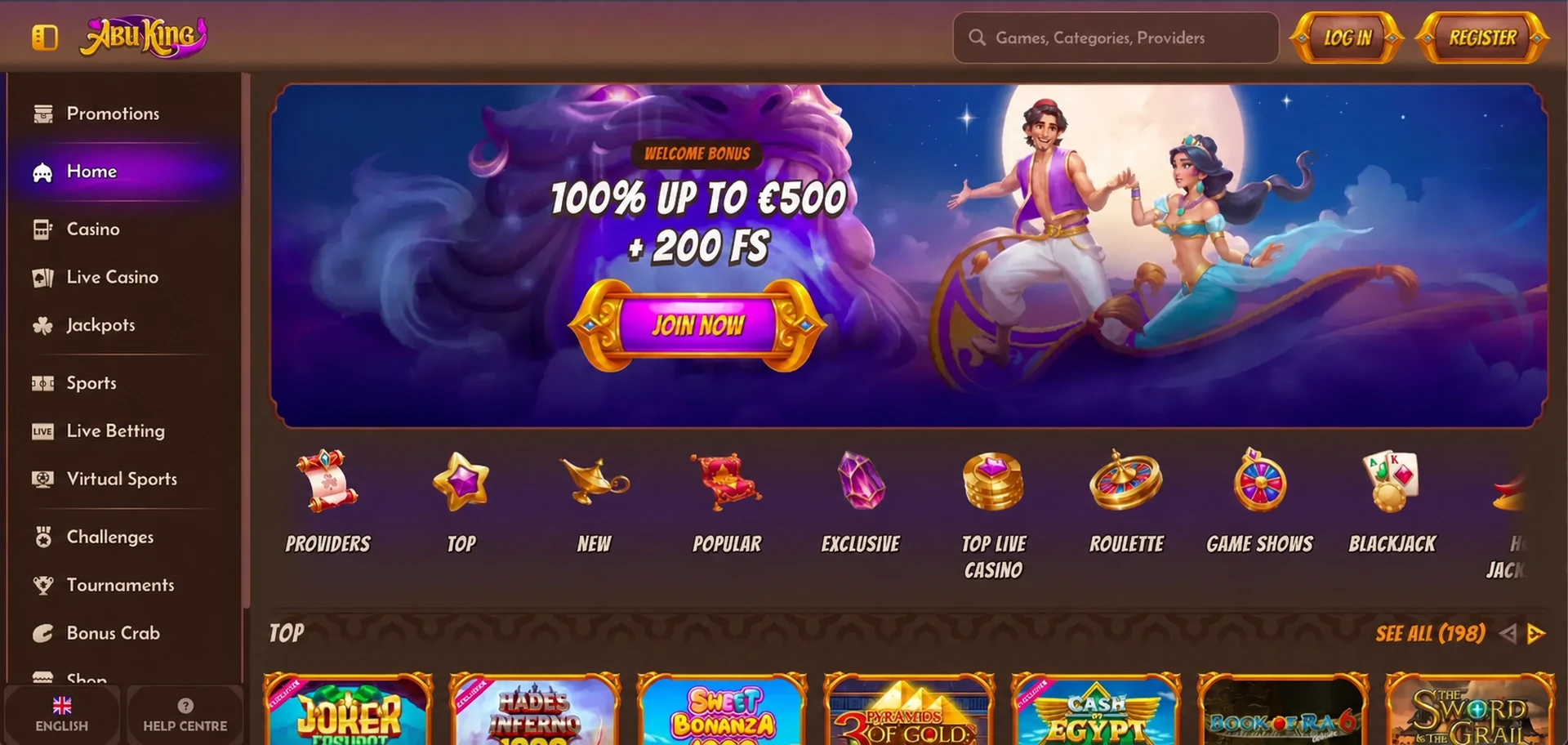 AbuKing Casino homepage met welkomstbonus, navigatie en spellen